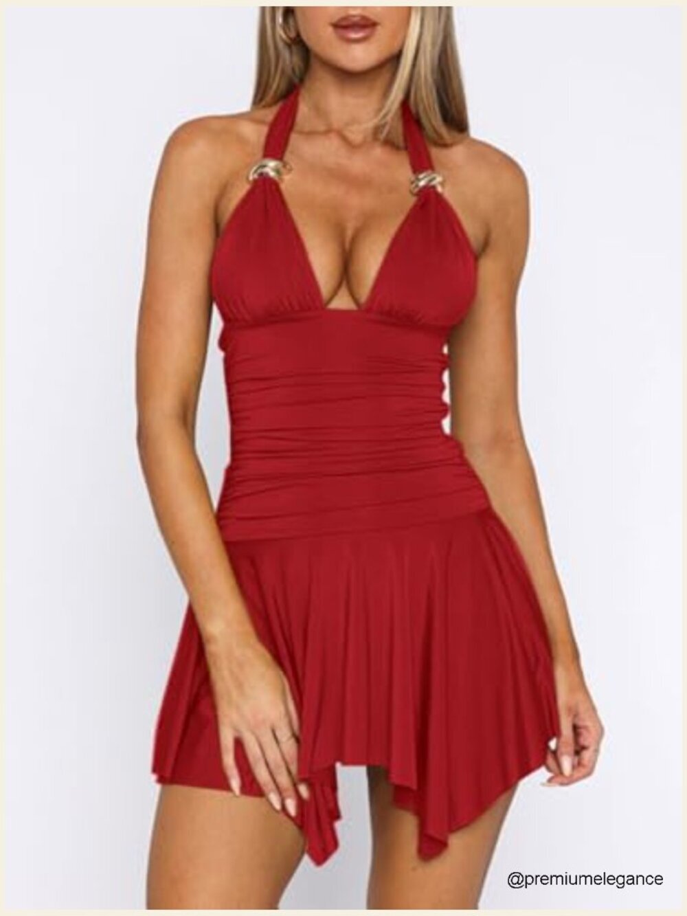 Halter Tie Back Bodycon Mini Dress Deep V Neck Pleated Ruffle Party - Picture 4 of 7